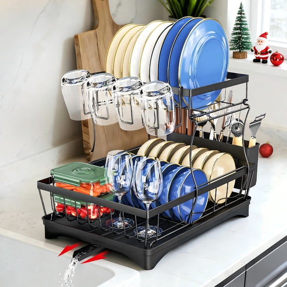 Glovv 2 Tiers Detachable Dish Racks for Kitchen Counter, Versatile Dish Drying Rack, Collapsible Over the Sink Dish Rack with Auto Drainage System and Breathable Mesh Basket, Black