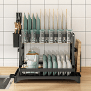 Dish Rack, Dish Drainer Drying Racks for Kitchen Counter, 2 Tier Large Rust-Proof Detachable Sink Organizer Dish Racks, with Drain Board, Cups Holder and Utensil Holder(Black)
