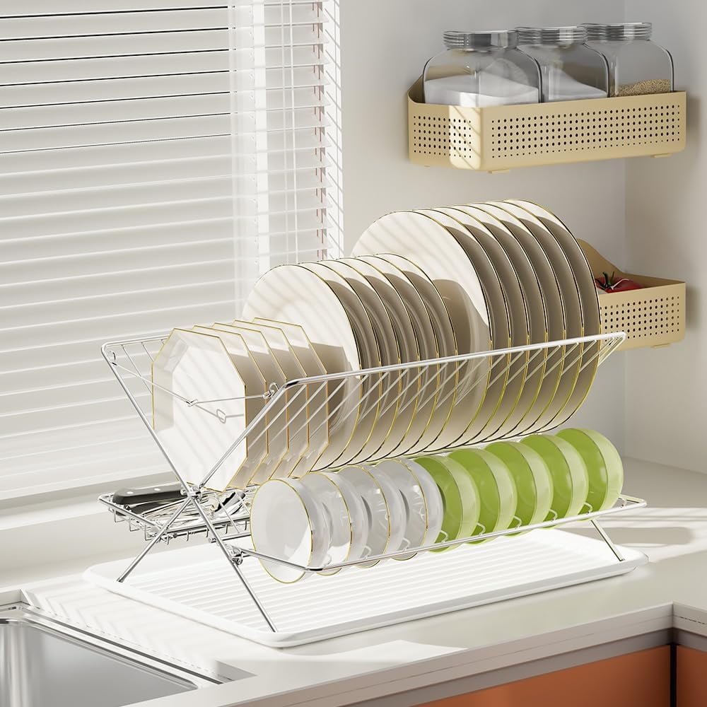 Stack Rack Drip Tray Dish Rack with Drip Tray Stainless Steel 3-Tier Collapsible Drainer ...