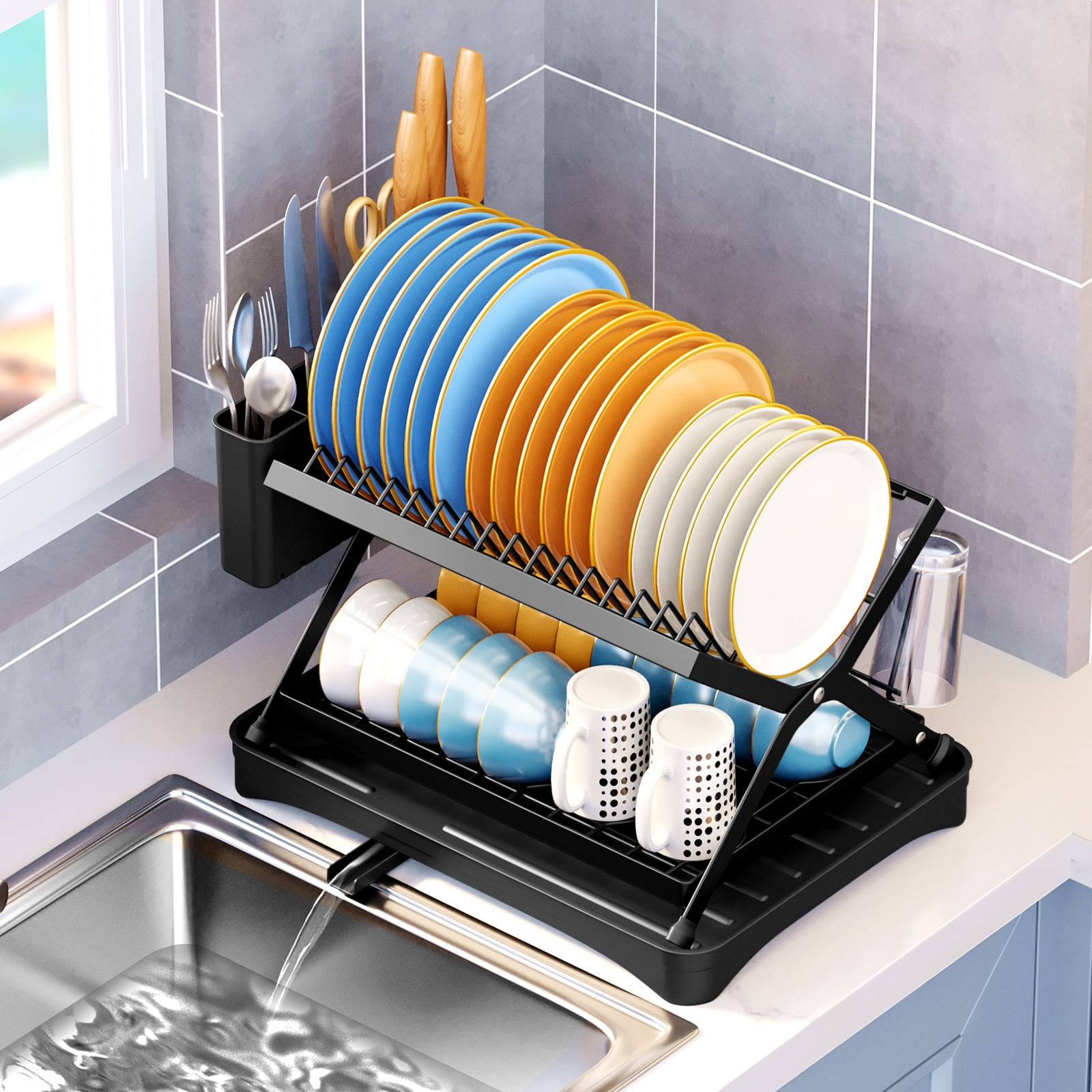 Oukaning 2-Tier Kitchen Plate Dish Cutlery Drainer Dish Drying Rack Drain  Board with Lid