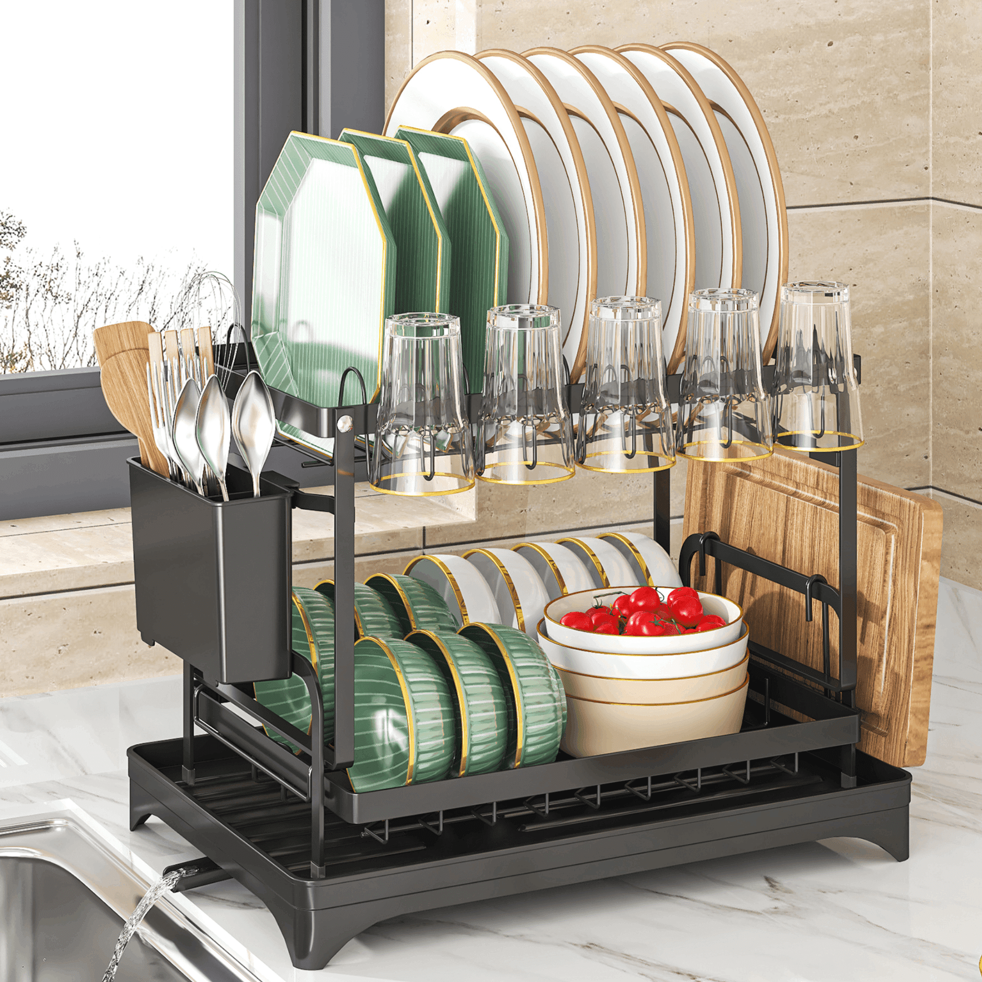 Elemore Home 2-Tier Durable Metal Dish Drying Rack with Holder Drainer ...