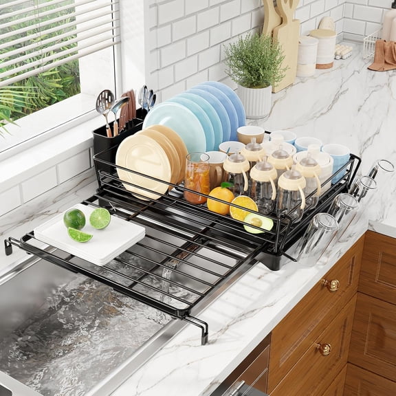 Dish Drying Rack - Expandable Dish Rack for Kitchen Counter, Large Capacity Dish Drainer, Stainless Steel Dish Strainer with Utensil & Cup Holders, Black
