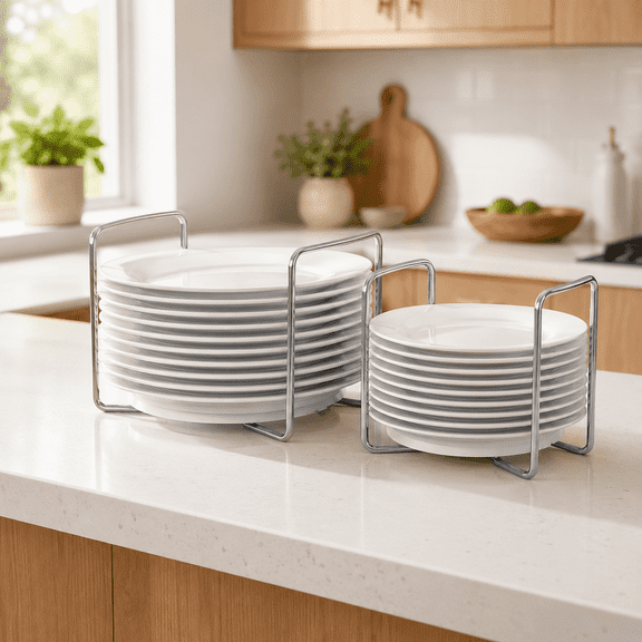 Adjustable 2 Pack Bamboo Dish Rack - Plate Holders Organizers for Kitchen Counter - Wooden Bowl Organizer Plate Stand Storage for Cabinet, White