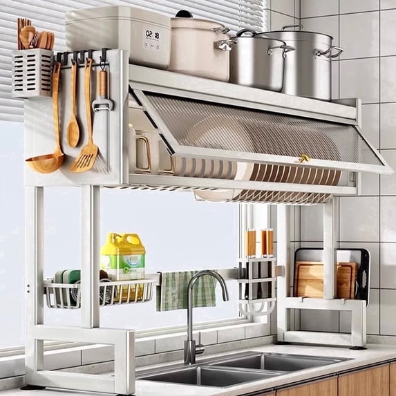 Dish Rack Over Sink for Kitchen, 165LBS Load Drying Rack Above Sink with Visible Cabinet Door, Large Carbon Steel Dish Drainer for Dishes, Bowls and Utensils, White