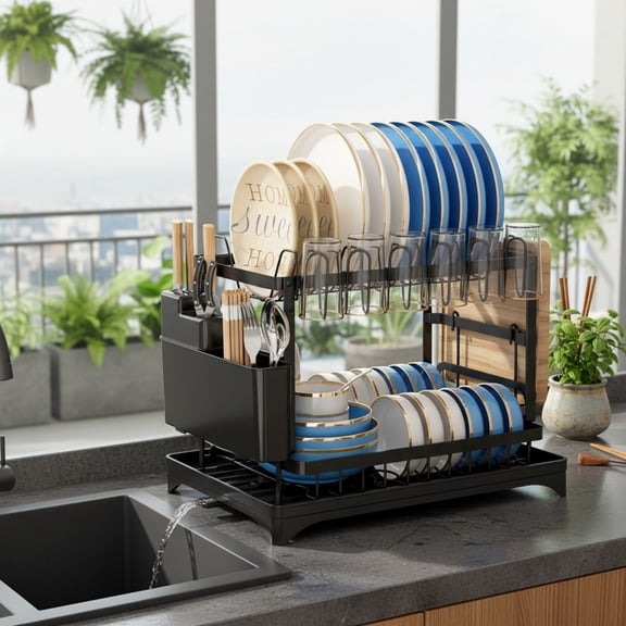 Dish Rack Sink Rack Drain Strainer Basket 2 Tier Drying Kitchen Over the Sink with Drainboard and Utensil Holder