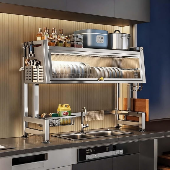 Dish Rack Over Sink, Space-Saving Dish Rack with Flip Door, 304 Stainless Steel, Expandable Kitchen Counter Organizer Storage Space Saver Shelf, for Kitchen Sink Shelf(65cm/25.6in)