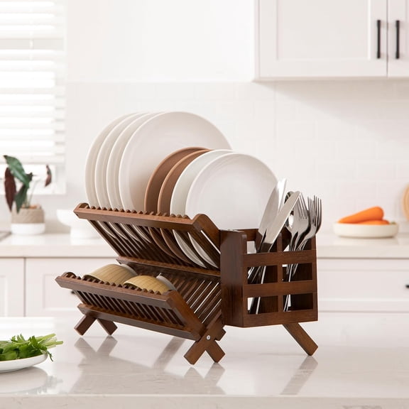 Dish Rack, Teak Folding 2-Tier Collapsible Drainer Dish Drying Rack with Utensils Flatware Holder Set