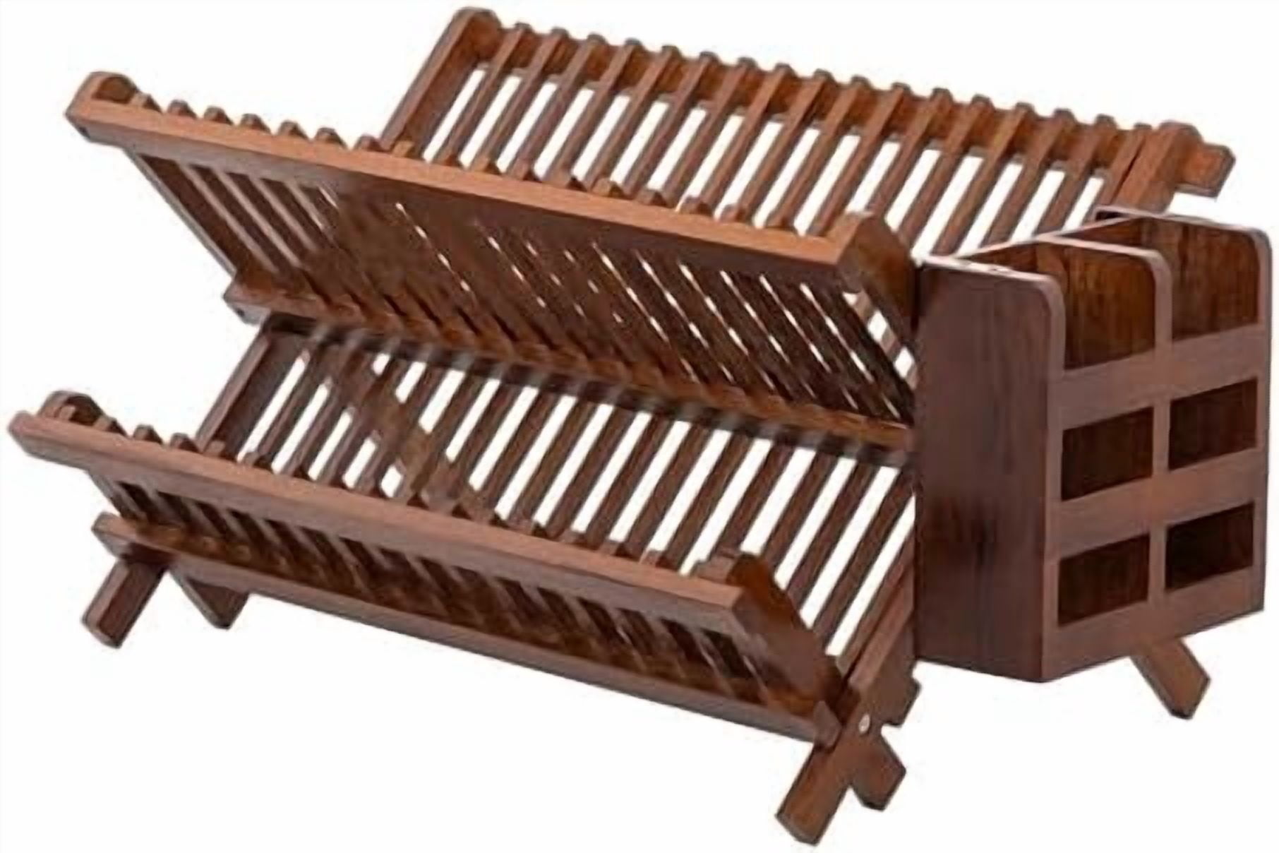 Dish Rack,Teak Folding 2-Tier Collapsible Drainer Dish Drying Rack with Utensils Flatware Holder Set