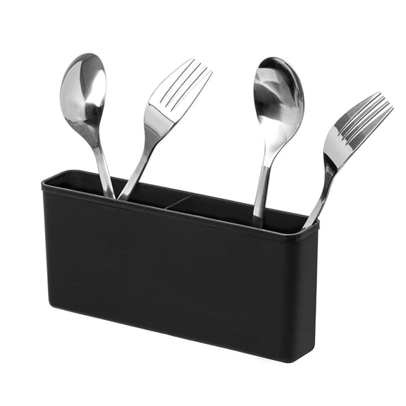 Dish Rack Utensil Holder, Hanging Cutlery Drainer Caddy with Hooks, 2 Compartment Flatware Organizer for Forks, Spoons, Knives, Fits Over Most Dish Drying Racks, Black