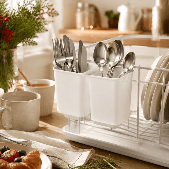 Dish Rack Utensil Holder, Hanging Cutlery Drainer Caddy with Hooks, 2 Compartment Flatware Organizer for Forks, Spoons, Knives, Fits Over Most Dish Drying Racks, White