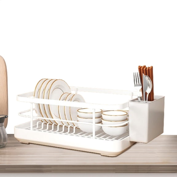 Steel Dish Drying Rack With Detachable Cutlery Holder & Removable Drip Tray Ventilated Drain Organizer For Plates Bowls Spoons Forks(White-34X26X16Cm)
