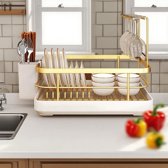 Dish Racking Rack for Kitchen Counter,Metal Space-Saving Design with Removable Tray & Cutlery Holder, Efficient Drainer for Daily Use, Durable and Stylish in Finish(Gold)