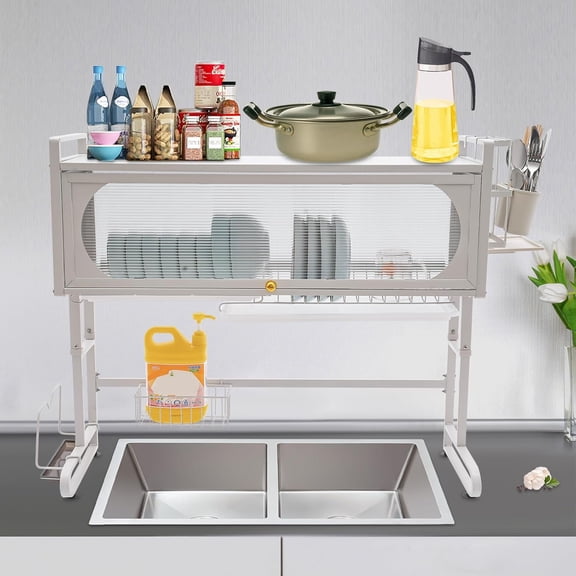 Dish Racks,Over The Sink Dish Drying Rack,2 Tier Dish Rack Carbon Steel (34.25" L x 10.62" W x 29.52" - 33.46" H),Adjustable Height with Cover