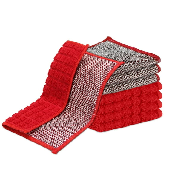 Dish Rags for Washing Dishes 8 Pack Multipurpose Wire Miracle Cleaning Coths Non-Scratch Wire Dishwashing Rag Lint Free Microfiber Cleaning Cloth for Kitchen Windows (Red)