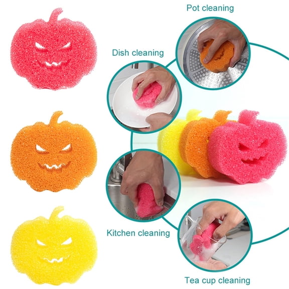 Dish Scrubber, Halloween Pumpkin, Sponge, Polyurethane Heat-Sensitive Red Sponge, Fun Jack-O'-Lantern Shaped Kitchen Tool, Works for Dish Washing, Cooktop, Counter Scrubbing,