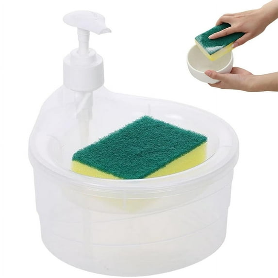 Dish Soap Dispenser for Kitchen, NOGIS Sponge Holder Sink Dish Washing Soap Dispenser, Premium 2-in-1 Kitchen Gadgets, Dish Washing Liquid Soap Dispenser with Sponge Holder (White)