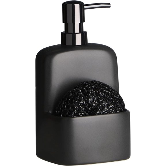 Dish Soap Dispenser - Kitchen Soap Dispenser with Sponge Holder Matte Ceramic Soap Daddy Dispenser 20oz for Kitchen (Matte Black)