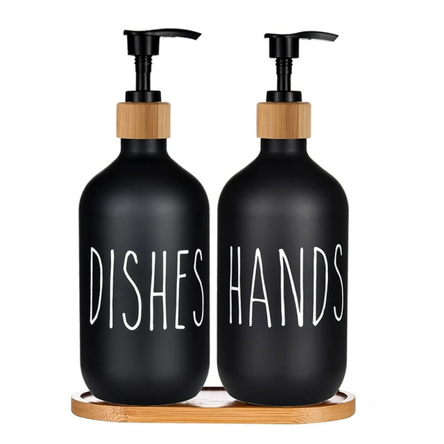 Dish Soap Dispenser and Hand Soap Dispenser with Bamboo Pump and Tray