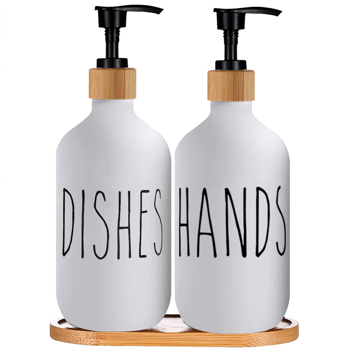 OUNAMIO Dish Soap Dispenser with Pumps and Bamboo Tray, Hand Soap Dispenser  for Bathroom, Kitchen Soap Dispenser Set