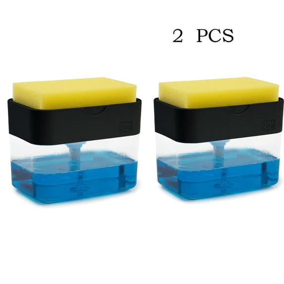 Dish Soap Dispenser and Sponge Holder for Kitchen Sink, 2 in 1 Soap Pump Dispenser with 1 Sponge, 2 PCS Black