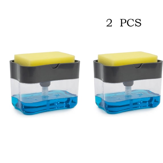 Dish Soap Dispenser and Sponge Holder for Kitchen Sink, 2 in 1 Soap Pump Dispenser with 1 Sponge, 2 PCS Grey