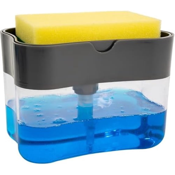 Dish Soap Dispenser and Sponge Holder for Kitchen Sink, Sponge Included, 13 Ounces, Grey