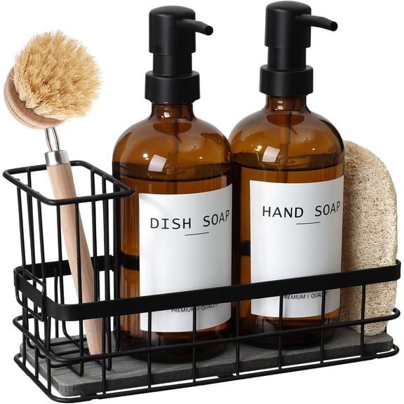 Dish Soap Dispenser for Kitchen, 16.9 fl oz Amber Hand and Dish Soap Dispensers, Kitchen Soap Dispenser Set with Sponge Holder
