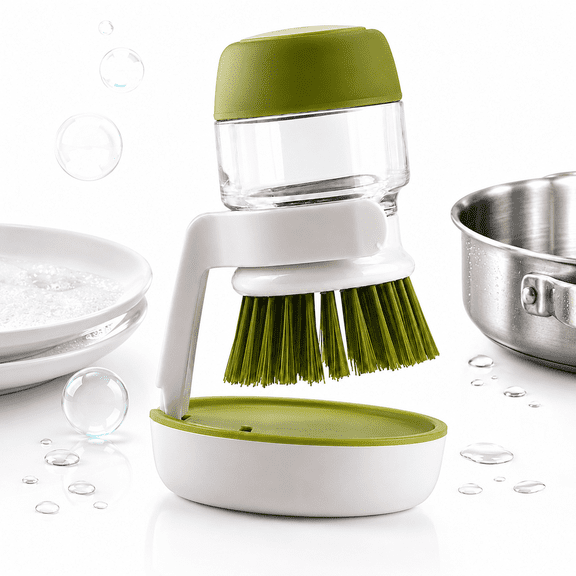 Soap Dispensing Dish Brush, Palm Scrub Brush with Holder, One-Touch Soap Dispenser, Non-Scratch Bristles for Kitchen Cleaning, Pots & Pans Scrubber