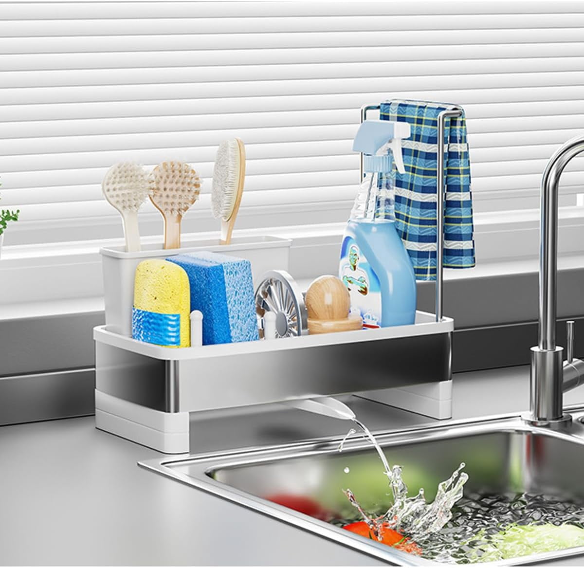 Dish Sponge Holder - Stainless Steel & PP Sink Caddy, 360° Rotatable ...