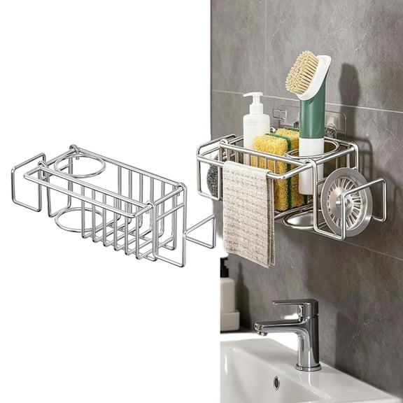 Dish Sponge Holder, Stainless Steel Wall Mounted Organizer, Sink Brush Holder for Bathroom, Shower, Soap, Sponges & Cleaning Utensils