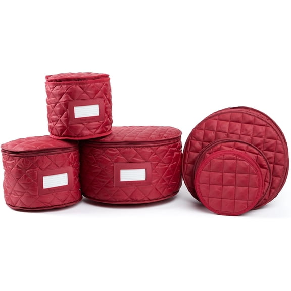 Dish Storage Set  Padded China & Dinnerware Storage Cases with Dividers, Cup & Stemware Storage, Quilted Polyester Protection, ID Window, Red