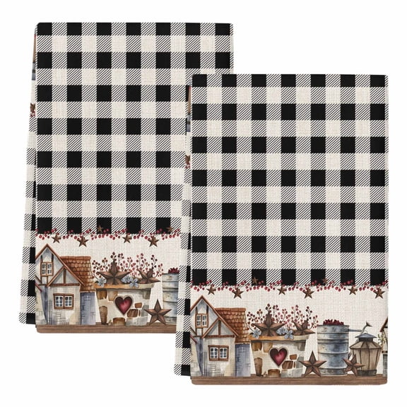 Dish Towels, Barn Star Farmhouse Absorbent Kitchen Towels 2 PCS, Black Buffalo Plaid Microfiber Hand Towels Dish Cloths Tea Towels for Home Bathroom Cleaning Drying,18X28-Inch,