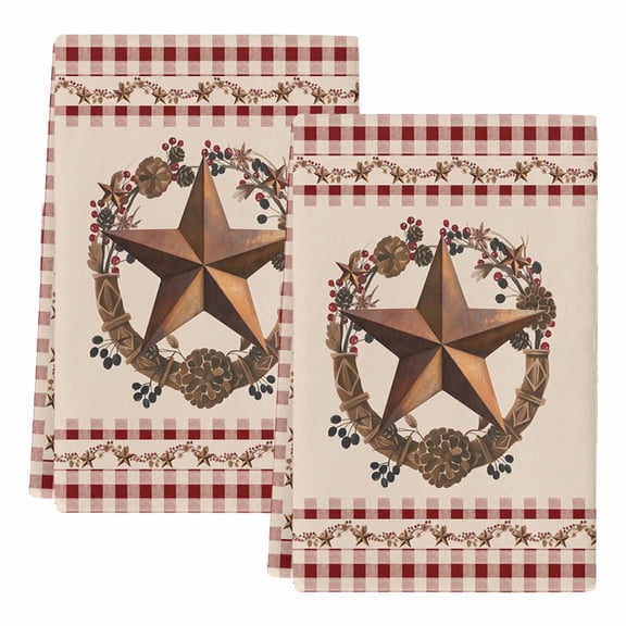 Dish Towels, Barn Star Texas Absorbent Kitchen Towels 2 PCS, Berry Wreath Country Red Plaid Microfiber Hand Towels Dish Cloths Tea Towels for Home Bathroom Cleaning Drying,18X28-Inch,