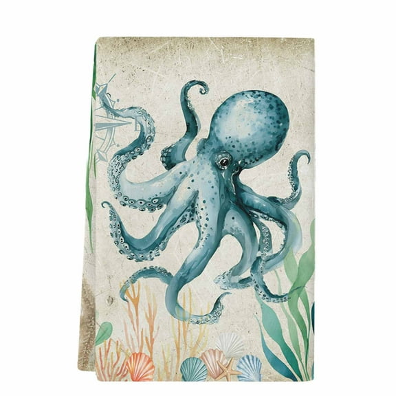 Dish Towels, Beach Coastal Theme Absorbent Kitchen Towels 1 PC, Vintage Sea Octopus Microfiber Hand Towels Dish Cloths Tea Towels for Home Bathroom,18X28-Inch,