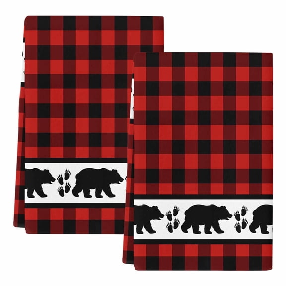 Dish Towels, Bear Footprints Red Buffalo Plaid Absorbent Kitchen Towels 2 PCS, Forest Animals Microfiber Hand Towels Dish Cloths Tea Towels for Home Bathroom Cleaning Drying,18X28-Inch,