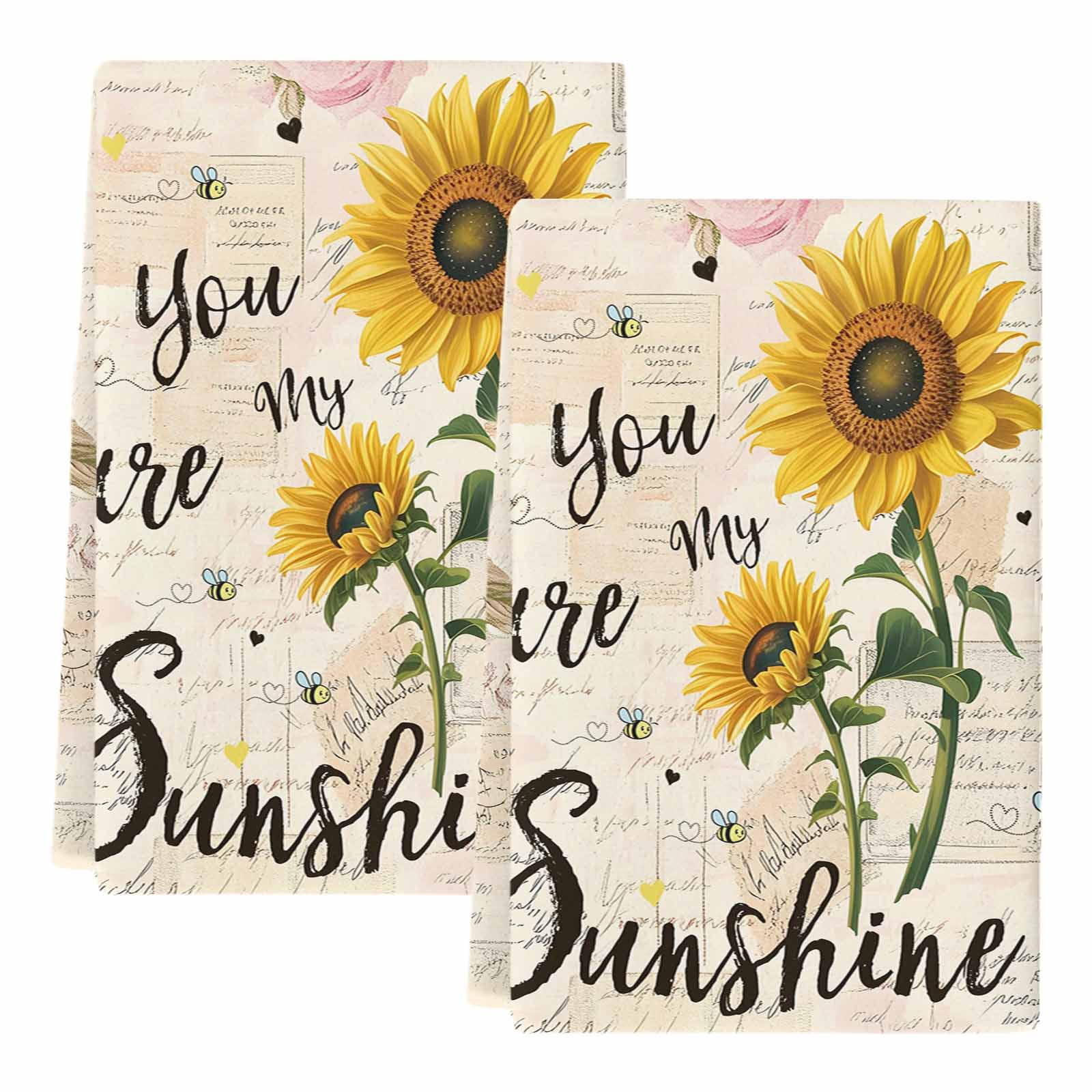 Dish Towels, Bee Sunflower Absorbent Kitchen Towels 2 PCS, Vintage You Are My Sunshine Microfiber Hand Towels Dish Cloths Tea Towels for Home&nbsp;Bathroom Cleaning Drying,18X28-Inch,