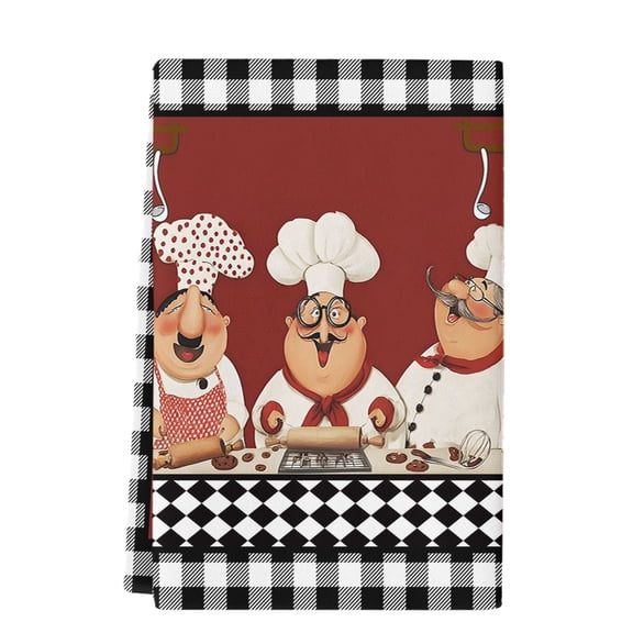 Dish Towels, Black Cooking Chefs Absorbent Kitchen Towels 1 PC, Funny Cooker Checked Plaid Microfiber Hand Towels Dish Cloths Tea Towels for Home Bathroom Cleaning Drying,18X28-Inch,