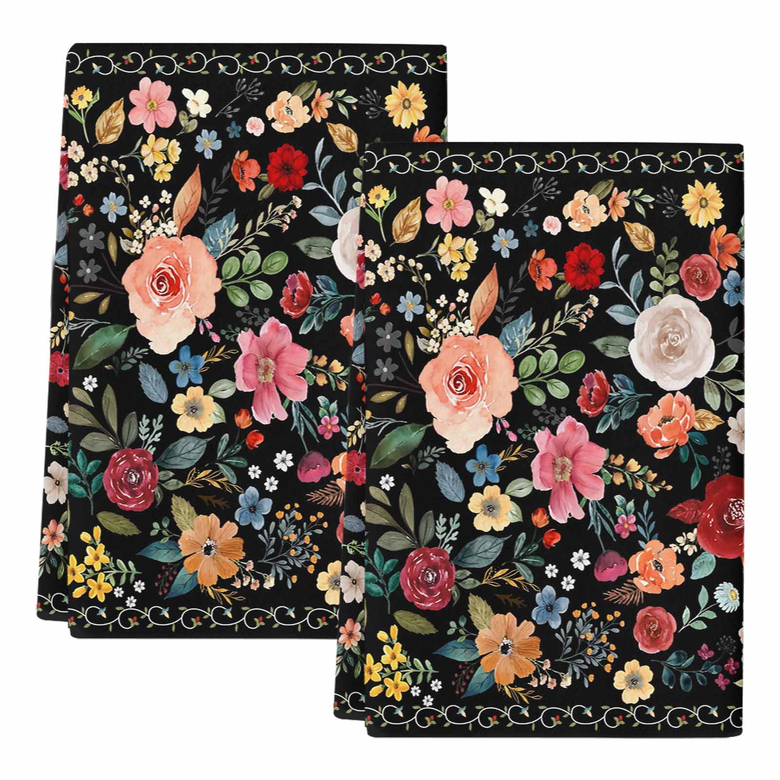 Dish Towels, Black Floral Absorbent Kitchen Towels 2 PCS, Farmhouse Vintage Flower Microfiber Hand Towels Dish Cloths Tea Towels for Home&nbsp;Bathroom Cleaning Drying,18X28-Inch,