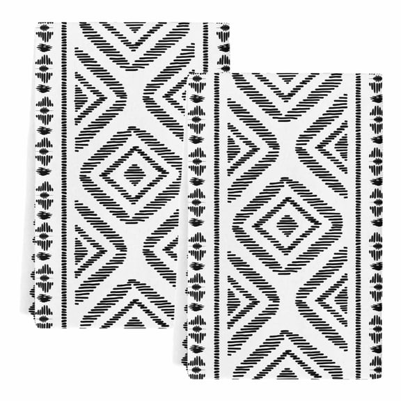 Dish Towels, Black White Boho Absorbent Kitchen Towels 2 PCS, Geometric Tribe Bohemian Style Microfiber Hand Towels Dish Cloths Tea Towels for Home Bathroom Cleaning Drying,18X28-Inch,