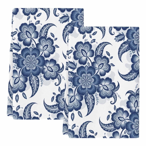 Dish Towels, Blue Paisley Floral Absorbent Kitchen Towels 2 PCS, Vintage Ethnic Flower Microfiber Hand Towels Dish Cloths Tea Towels for Home Bathroom Cleaning Drying,18X28-Inch,