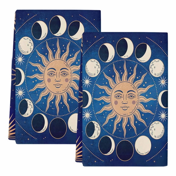 Dish Towels, Celestial Sun and Moon Absorbent Kitchen Towels 2 PCS, Blue Starry Galaxy Boho Microfiber Hand Towels Dish Cloths Tea Towels for Home&nbsp;Bathroom Cleaning Drying,18X28-Inch,