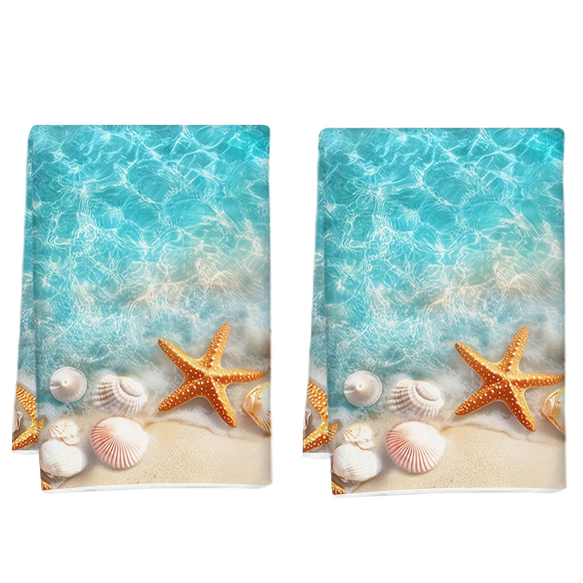 Dish Towels,Coastal Beach Theme Absorbent Kitchen Towels Set of 2 PCS,Tropical Starfish& Shell Pattern Microfiber Hand Towels Dish Cloths Tea Towels for Home  Bathroom,18X28-Inch