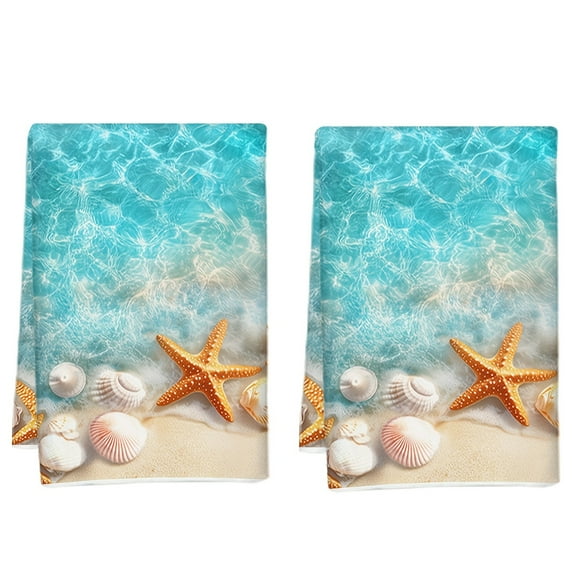 Dish Towels,Coastal Beach Theme Absorbent Kitchen Towels Set of 2 PCS,Tropical Starfish& Shell Pattern Microfiber Hand Towels Dish Cloths Tea Towels for Home  Bathroom,18X28-Inch