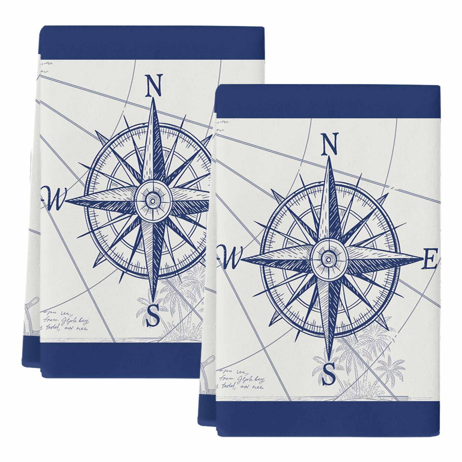 Dish Towels, Compass Absorbent Kitchen Towels 2 PCS, Blue Ocean Navigation Map Microfiber Hand Towels Dish Cloths Tea Towels for Home&nbsp;Bathroom Cleaning Drying,18X28-Inch,
