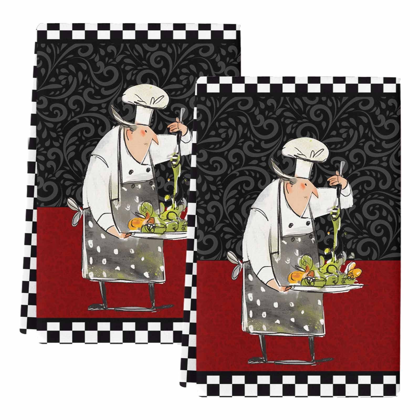 Dish Towels, Cooks Kitchens Absorbent Kitchen Towels 2 PCS, Funny Chef Black Buffalo Plaid Microfiber Hand Towels Dish Cloths Tea Towels for Home&nbsp;Bathroom Cleaning Drying,18X28-Inch,