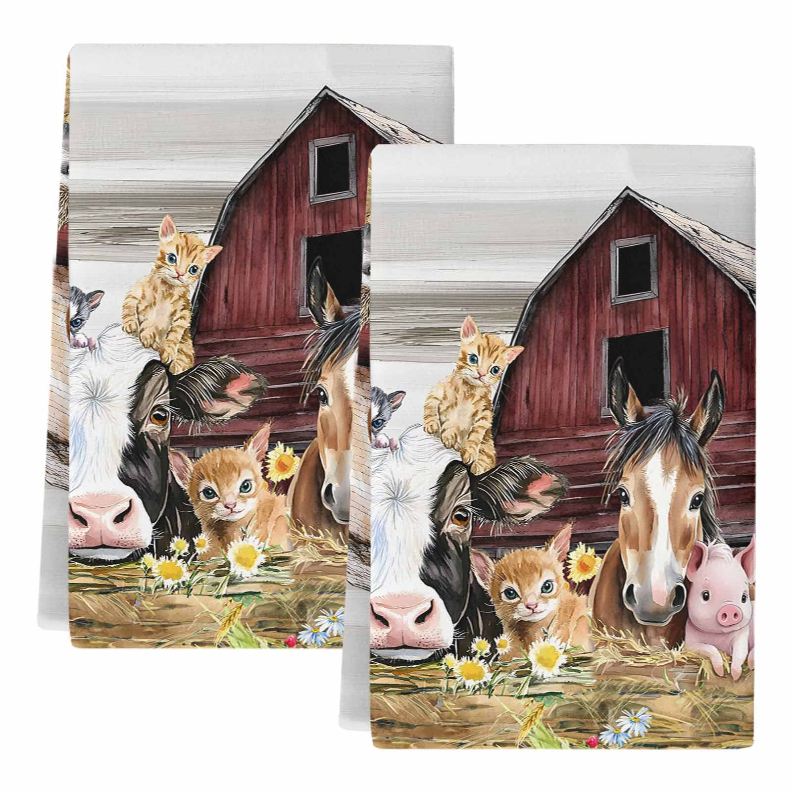 Dish Towels, Farm Animal Absorbent Kitchen Towels 2 PCS, Barn Horse Pig Cow Microfiber Hand Towels Dish Cloths Tea Towels for Home&nbsp;Bathroom Cleaning Drying,18X28-Inch,