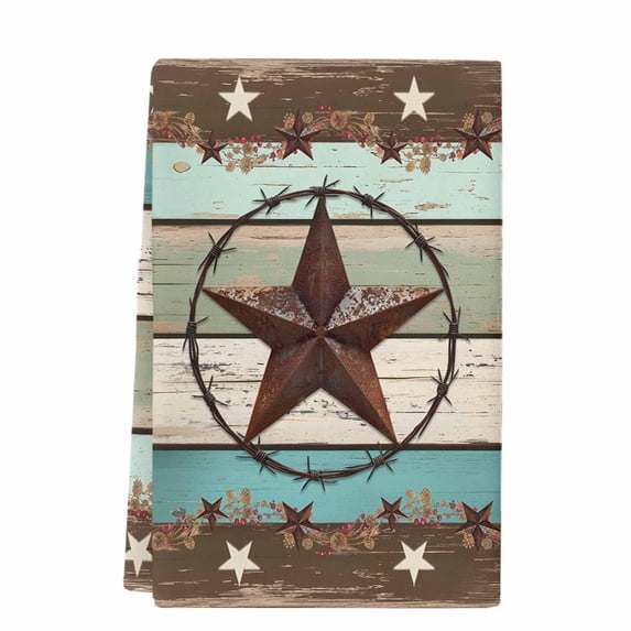 Dish Towels, Farmhouse Absorbent Kitchen Towels 1 PC, Wood Texture Barn Star Microfiber Hand Towels Dish Cloths Tea Towels for Home Bathroom,18X28-Inch, Brown Turquoise