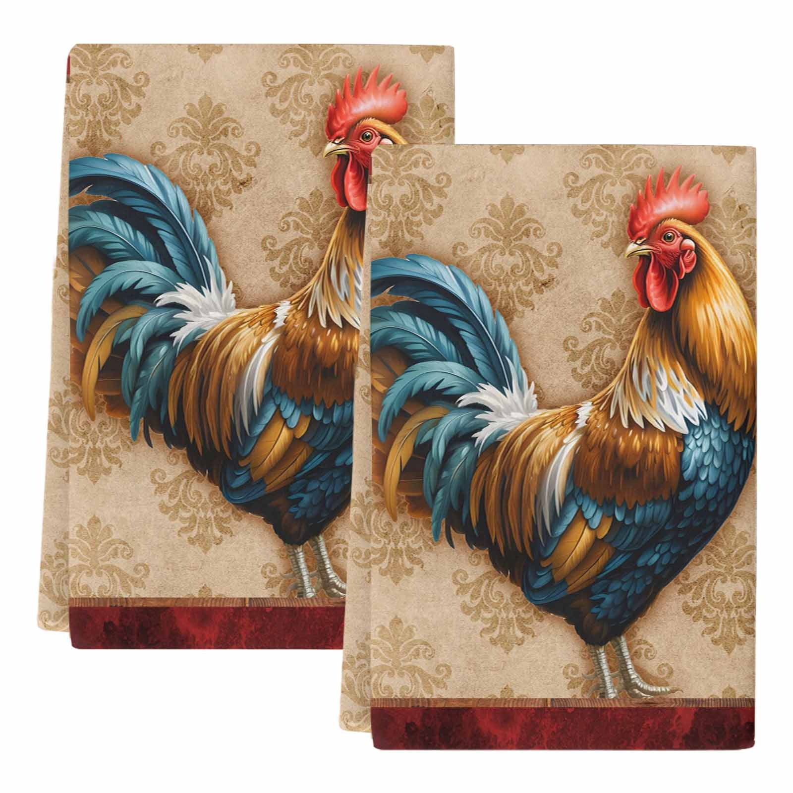 Dish Towels, Farmhouse Chicken Rooster Cock Absorbent Kitchen Towels 2 PCS, Vintage Farm Animal Microfiber Hand Towels Dish Cloths Tea Towels for Home&nbsp;Bathroom Cleaning Drying,18X28-Inch,