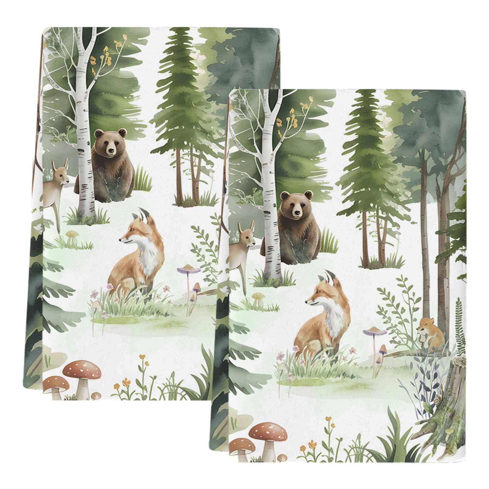 Dish Towels, Forest Animal Absorbent Kitchen Towels 2 PCS, Woodland Bear Fox Deer Bird Microfiber Hand Towels Dish Cloths Tea Towels for Home&nbsp;Bathroom Cleaning Drying,18X28-Inch,