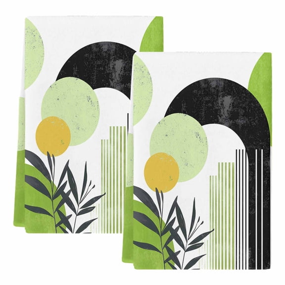 Dish Towels, Green Boho Absorbent Kitchen Towels 2 PCS, Geometric Line Leaves Microfiber Hand Towels Dish Cloths Tea Towels for Home&nbsp;Bathroom Cleaning Drying,18X28-Inch,